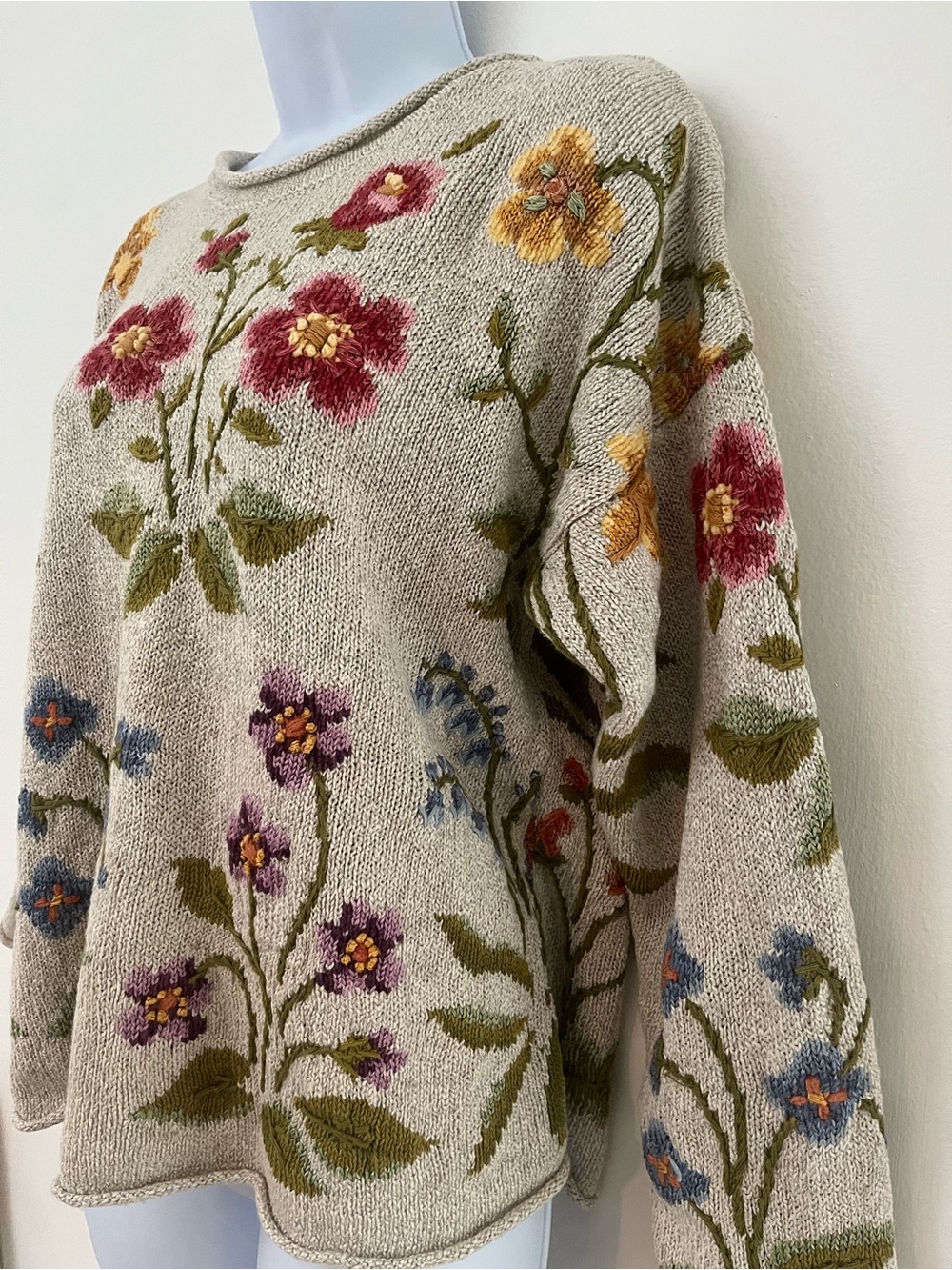 VTG Northern Isles Embroidered Floral Knit Sweater Beige Size Medium Cottagecore - Picture 13 of 14